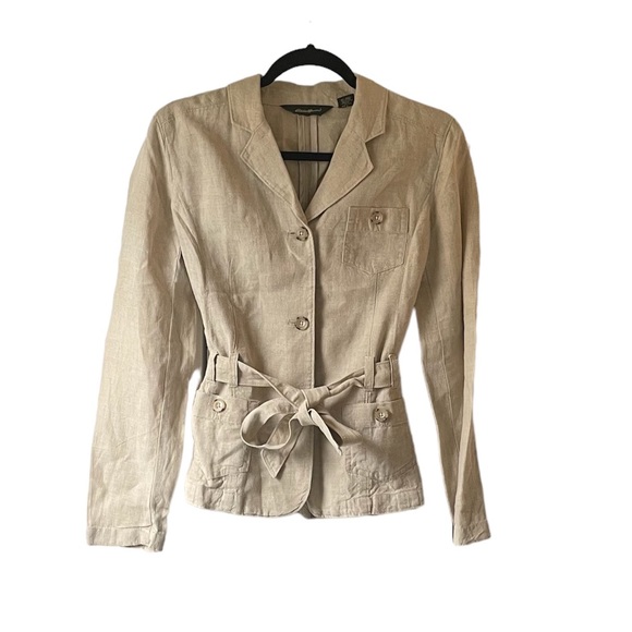 Eddie Bauer 100% linen khaki belted button up blazer blouse size 8 petite - Picture 1 of 10